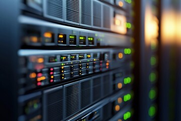 Close-up of modern server rack with glowing indicator lights in a secure data center, ideal for IT infrastructure, cloud computing, and digital technology presentations