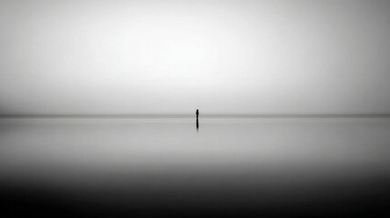A solitary figure stands in vast shallow waters under a monochrome sky,