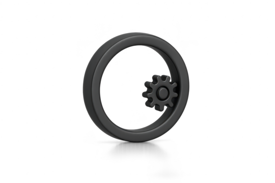Stylized gear and ring, metallic gray, isolated on transparent background