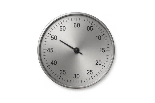 Silver kitchen timer isolated on a transparent background, analog countdown tool