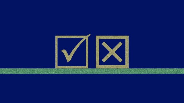 Glowing neon check mark and cross mark signs icon saber animation on blue background.