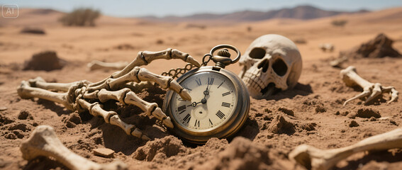 Deserted skeleton with a pocket watch resting in the sand under a bright sun
