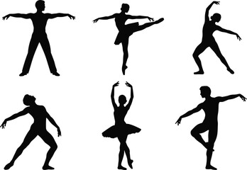 Ballet dancer silhouettes, black vector set, classical dance poses, elegant movement clipart, isolated performance graphics, artistic posture icons