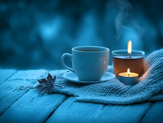 Cozy winter scene with tea, candles, and knitted blanket on a rustic snowy wood