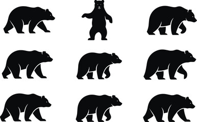 Bear walking cycle silhouettes, black vector set, animal motion poses, wildlife clipart, isolated anatomy graphics, animation reference icons