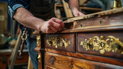 Skilled craftsman meticulously restoring antique wooden dresser with ornate brass hardware, showcasing dedication to detail in workshop
