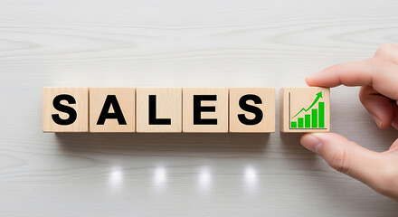 Wooden blocks spelling out sales with a green graph indicating growth, representing business success