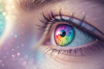 Fototapeta premium Close up of a human eye with a vibrant rainbow iris and sparkling light effects