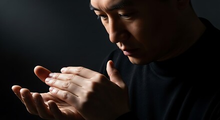Contemplative Asian man in deep thought, hands clasped.