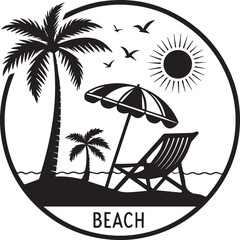  A beach icon, A colorful vector illustration of a tropical island with palm trees on a beach under a summer sun