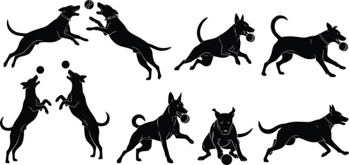 Dog playing silhouette set, black pet vector icons, active puppy poses, ball interaction clipart, isolated animal graphics, playful motion