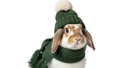 rabbit wearing a winter hat and scarf, on a solid white background