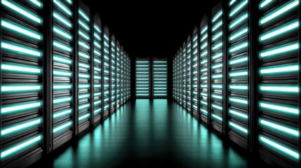 Server room hallway with teal glowing data server racks