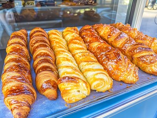 Freshly baked golden croissants and pastry on display at a bakery shop