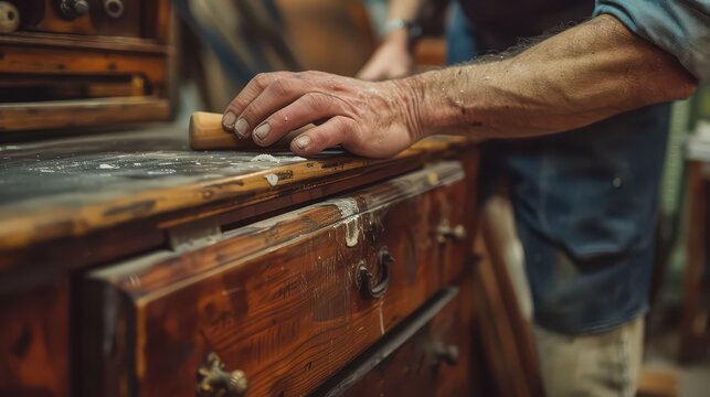 Skilled artisan meticulously restoring antique wooden dresser with worn tools and focused hands in a rustic workshop environment - Powered by Adobe