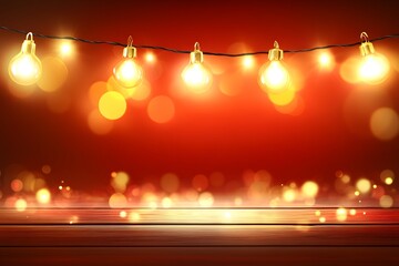 Festive lights on wooden table red holiday background with bokeh
