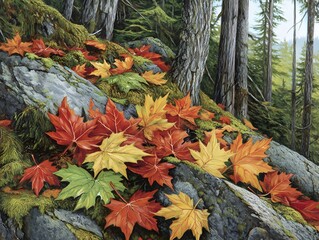 Autumn leaves falling on mossy rocks in a vibrant forest scenery