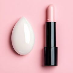 Close up of beauty blender and lipstick on pink background for cosmetics