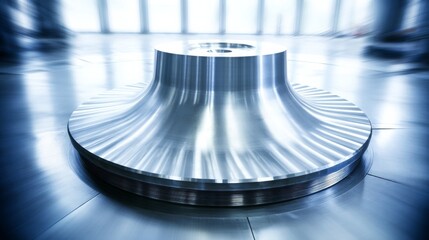 Industrial metal component with cylindrical shape and circular ridges, designed for rotational motion in machinery,