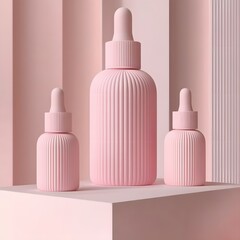 Elegant pink serum bottles mockup on geometric platform for skincare presentation
