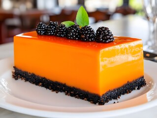 Delicious mango mousse cake with blackberry and chocolate base on white plate