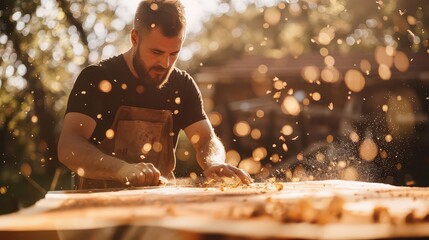 Obraz premium Skilled craftsman meticulously sands wood outdoors bathed in warm golden hour sunlight, sawdust flying dynamically