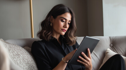 Creative professional woman using tablet in home office
