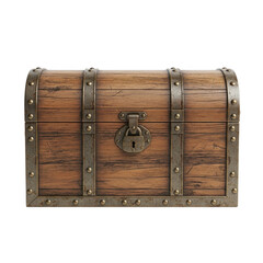 Fototapeta premium Antique wooden treasure chest with metal accents, old pirate box, vintage trunk, storage container, decorative box, isolated on transparent background
