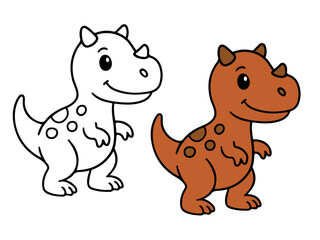 Cute cartoon horned dinosaur with small horns/crests, standing next to its black and white outline for coloring book, sticker, or printable design. Kids prehistoric fun theme.