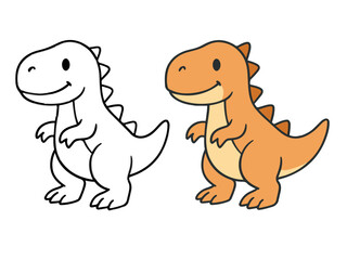 Cute cartoon bipedal spiky dinosaur character in orange, standing next to its black and white outline for coloring book, sticker, or printable design. Kids prehistoric theme.