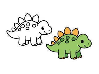 Cute cartoon Stegosaurus character in green with orange back plates and spots, standing next to its black and white outline for coloring book, sticker, or printable design. Dinosaur theme.