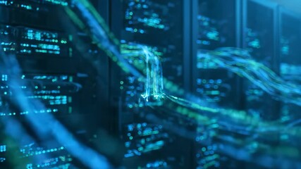 In a server room, data streams flow across the server racks. The data streams move alongside glowing server racks, highlighting the digital network environment. - Powered by Adobe