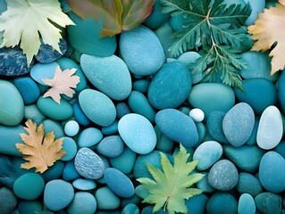 Turquoise Stones and Autumn Leaves Background Texture for Spa and Zen Concept