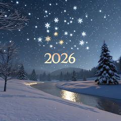 winter lake in the forest with written "2026"