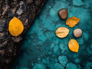 Autumn composition with yellow leaves, smooth stones, and rustic bark on blue surface