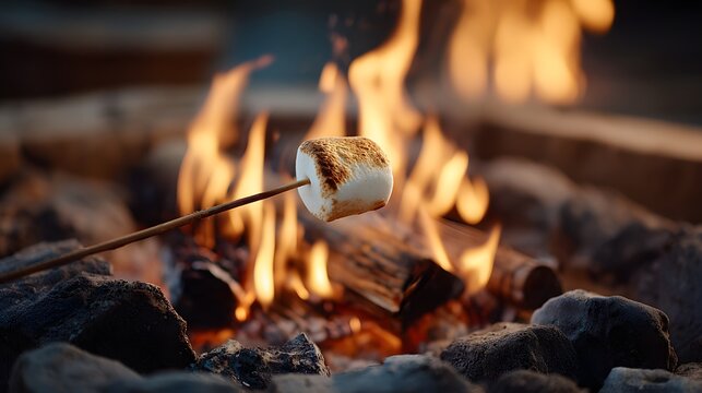 A close-up, low-angle shot of a marshmallow on a stick being toasted over a bright, blazing campfire, which is surrounded by rocks.