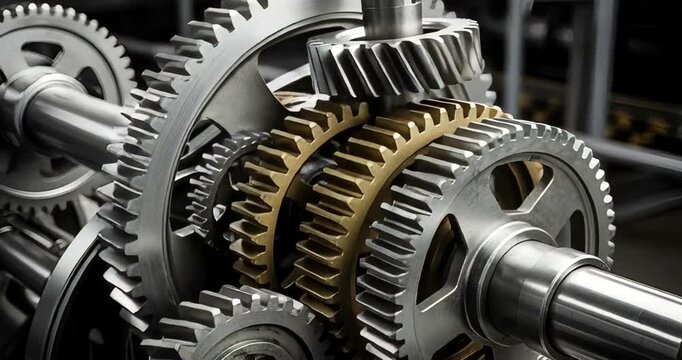 Intricate close-up of metallic gears interlocking in a mechanical assembly