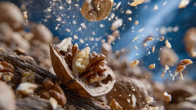 Dramatic close-up of a walnut shell cracking open, revealing nutmeat amidst airborne fragments.