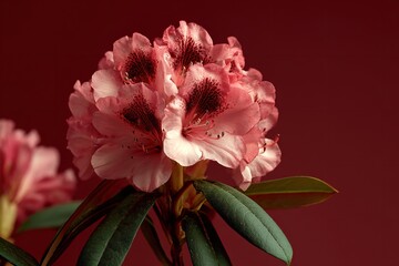 Stunning close-up of delicate pink rhododendron blossoms with rich green leaves, showcasing intricate petal details against a deep crimson background