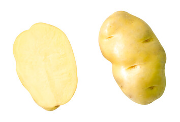 Top view set of a tuber of raw potato with half isolated with clipping path in png file format