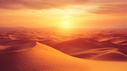 Sunset over desert dunes with warm golden light