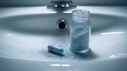 Pharmaceutical pill and powder jar resting on a sink in bathroom