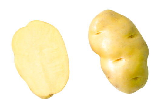 Top view set of a tuber of raw potato with half isolated with clipping path in png file format