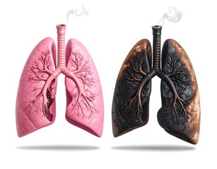 Side by side comparison of healthy pink lungs and damaged blackened lungs from smoking, isolated on white background