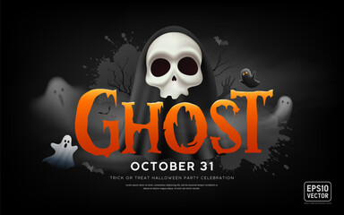Fototapeta na wymiar Happy Halloween ghost orange text, Scary skull ghost, poster banner design on black background, Eps 10 vector illustration