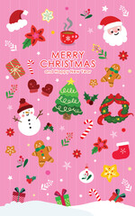 Merry Christmas Collection of Cute Holiday Characters and Elements , Cute Christmas and New Year Vector Doodles on Pink Holiday Background, Greeting Card Template