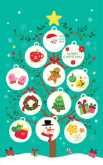 Merry Christmas and Happy New Year,  Cute Christmas Ornaments Hanging on a Cartoon Tree Vector Illustration, Christmas Tree Design with Santa, Snowman, gifts, and Gingerbread Icons