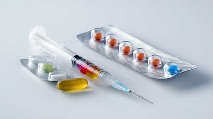 Syringe Filled With Colored Liquid and Blister Pack of Pills