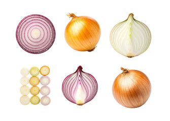 Onion PNG Vegetable Pack including red, yellow, and white onions in whole bulbs, half cuts, and sliced rings with crisp texture.