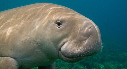 Naklejka premium Dugong swimming gracefully in ocean, rare marine mammal related to manatee, symbol of seagrass habitat, conservation, and underwater wildlife.